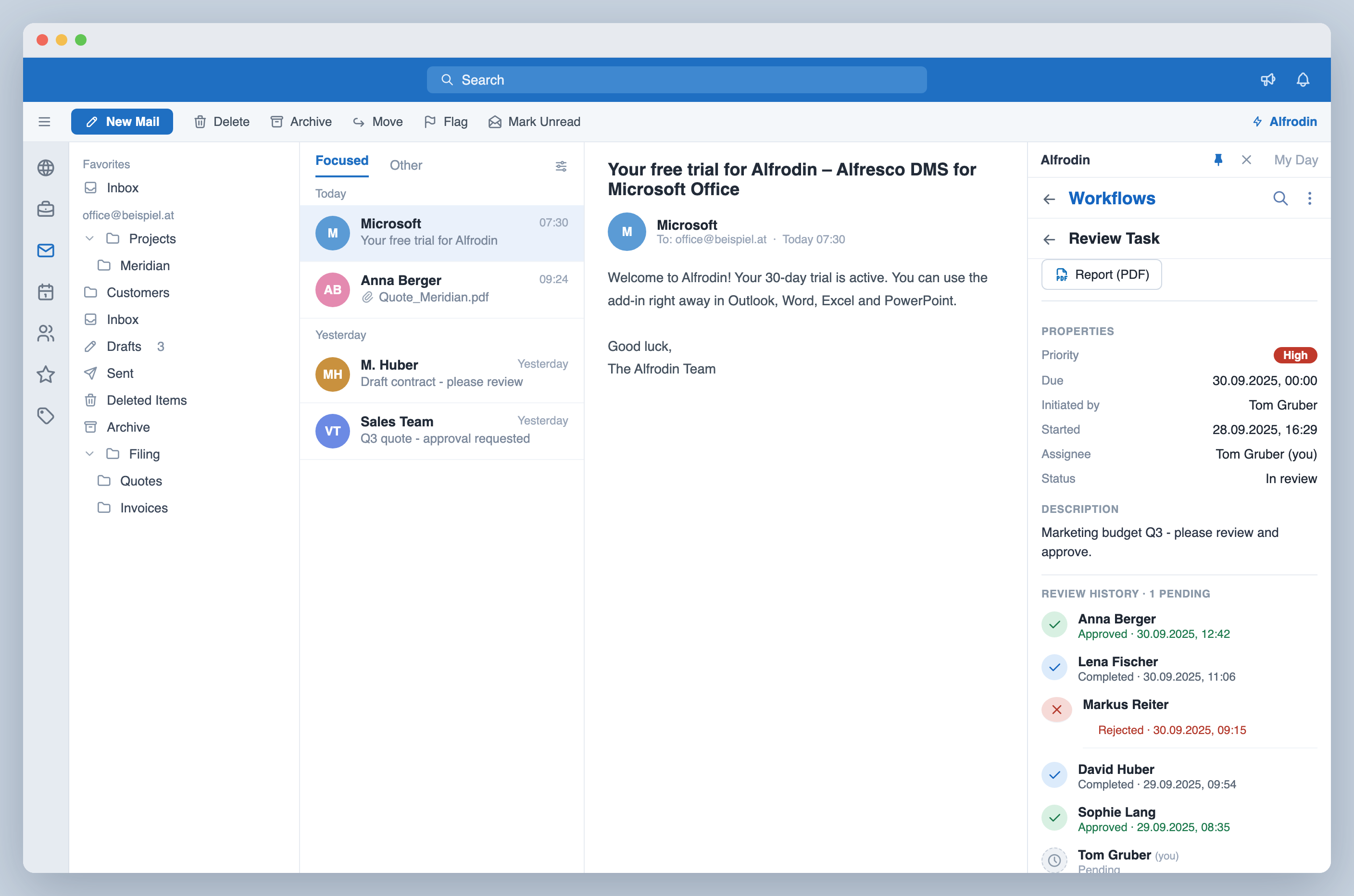 Review history showing who approved or rejected, with assignee and status