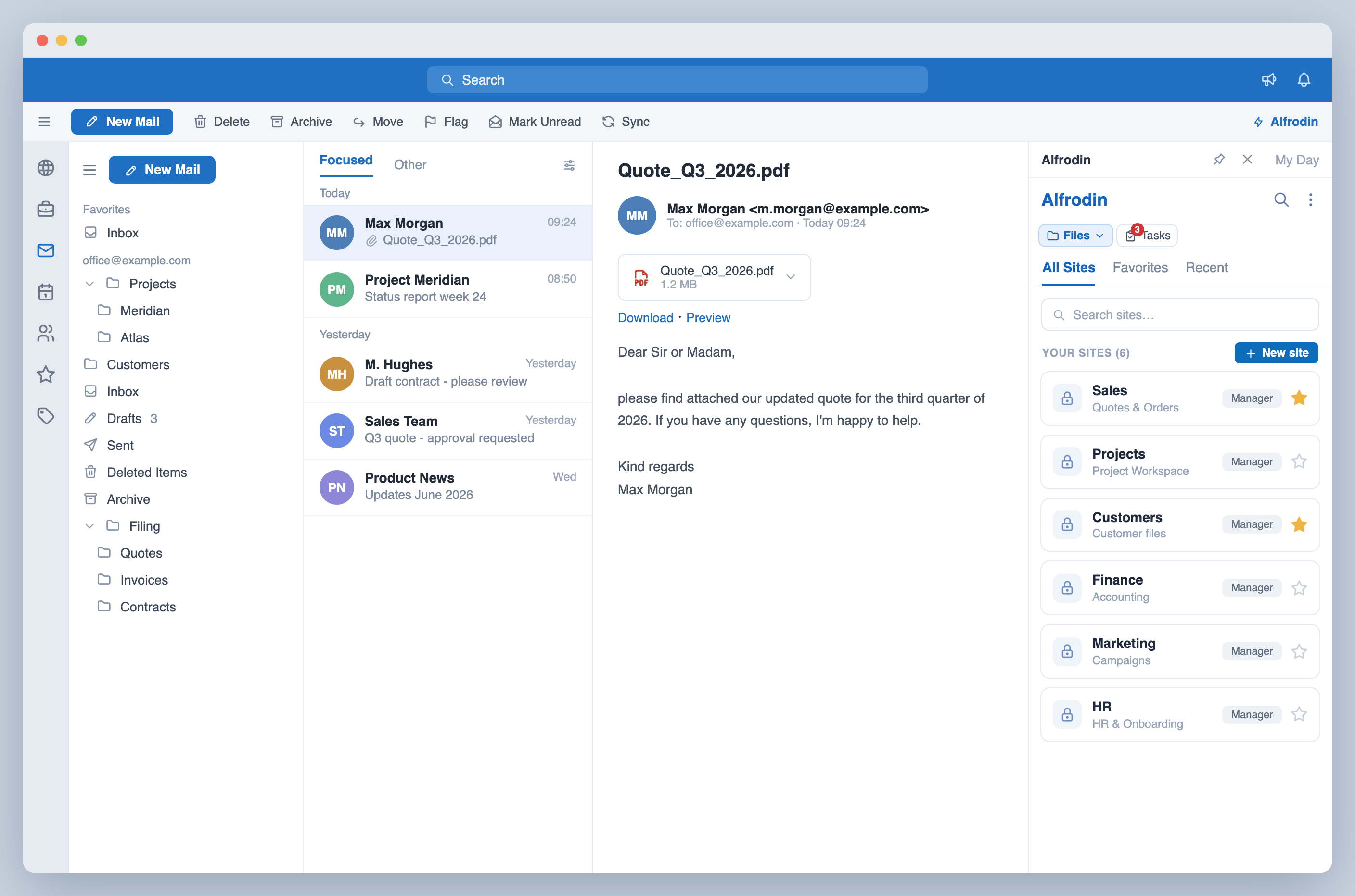Alfrodin in Outlook: sites and favorites in the task pane