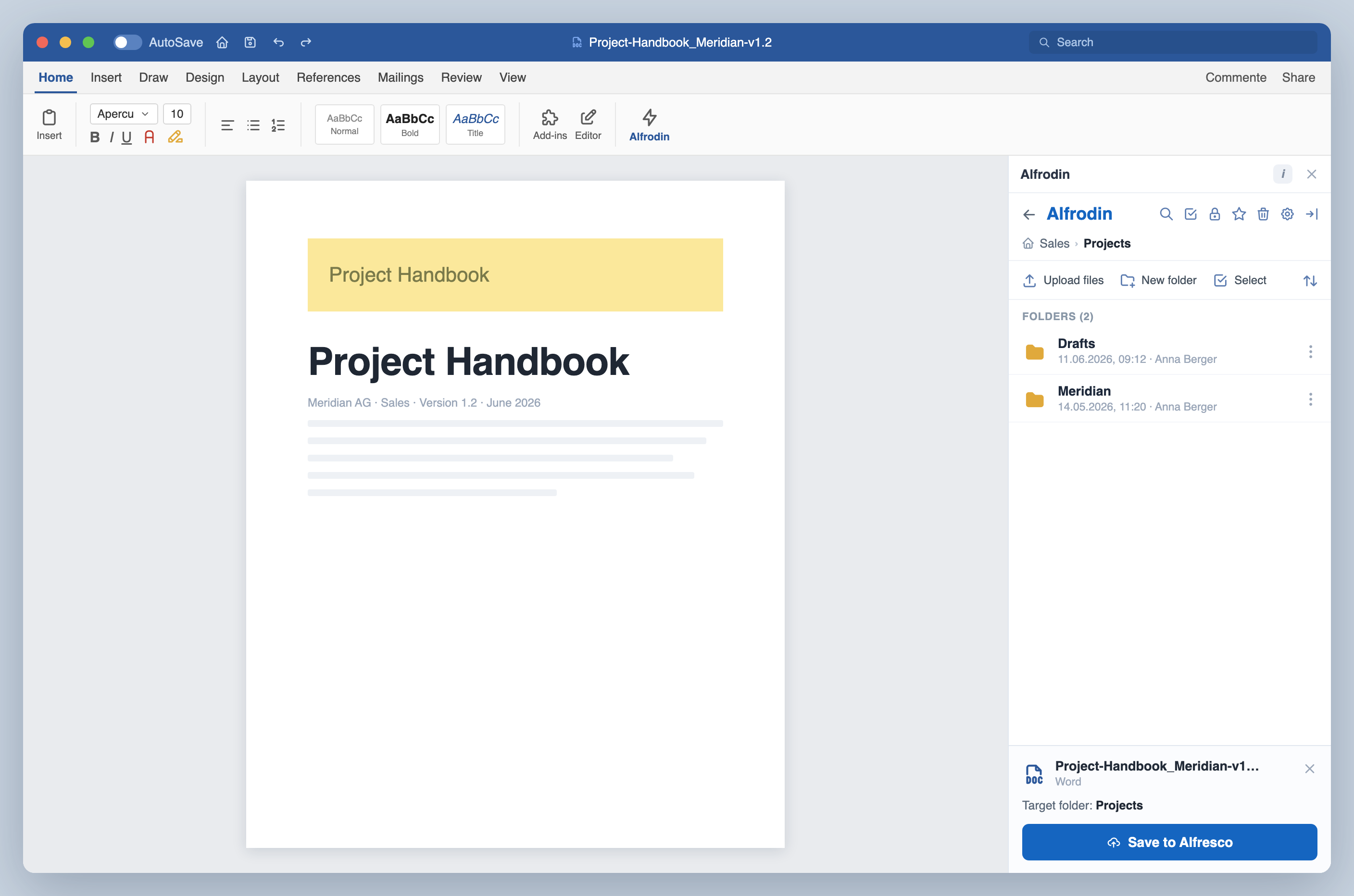 Alfrodin in Microsoft Word