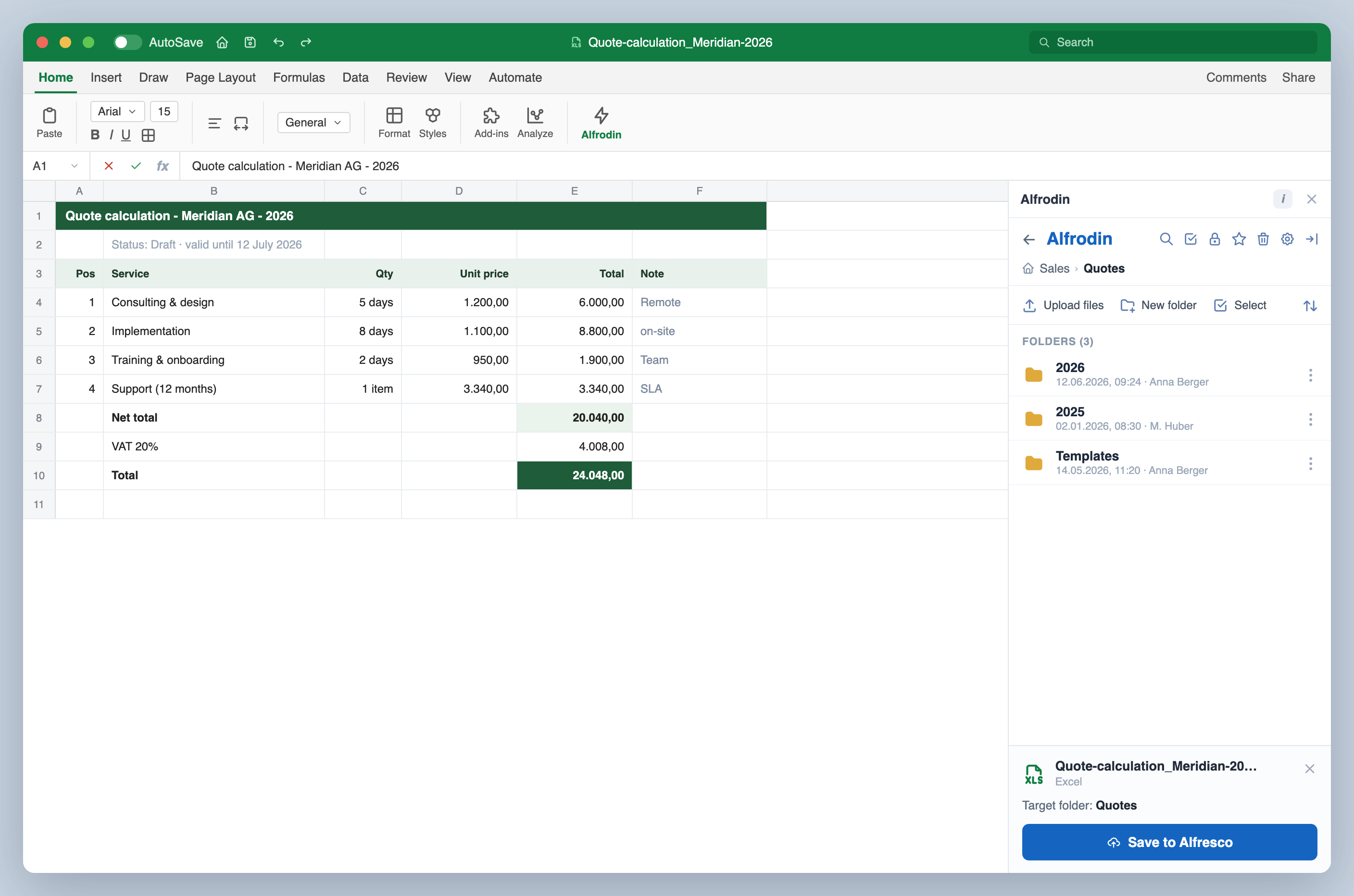 Alfrodin in Microsoft Excel