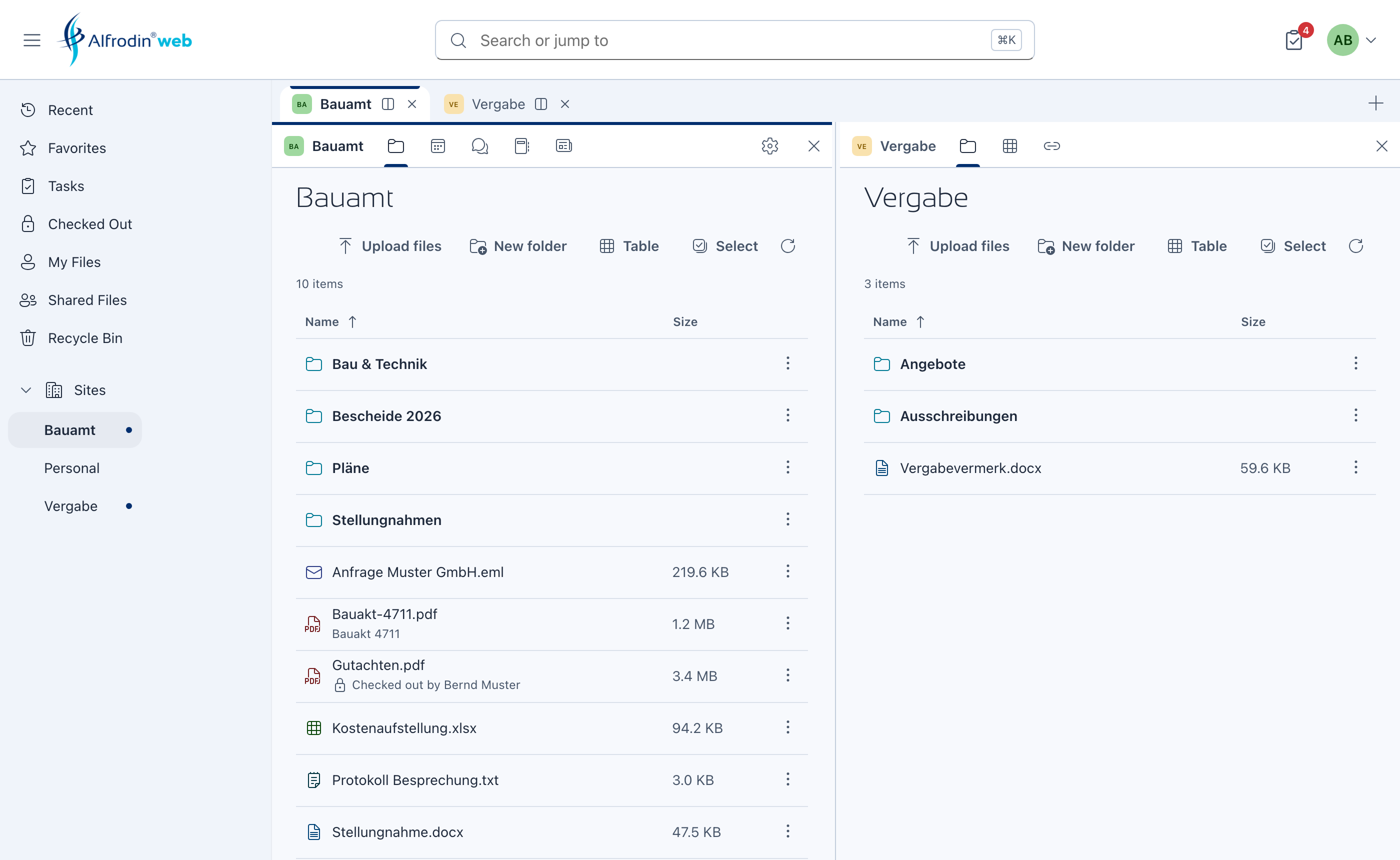 Alfrodin Web: two sites side by side in a split view