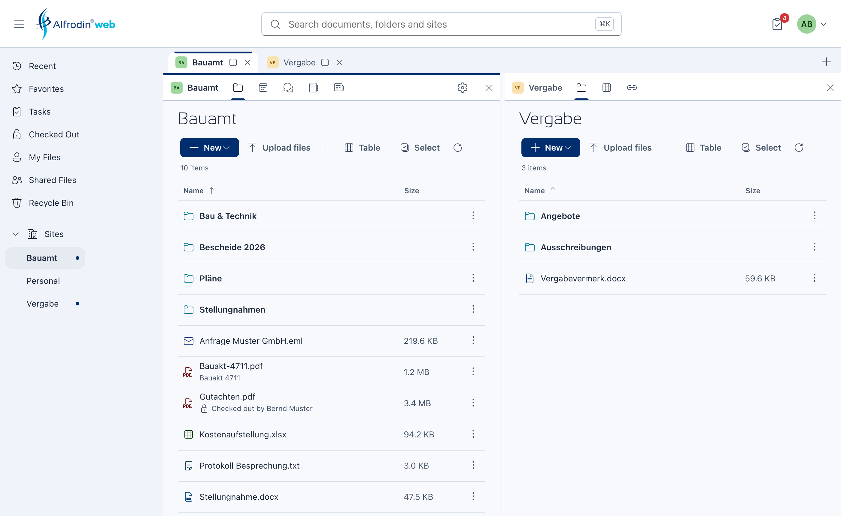 Alfrodin Web: two sites side by side in a split view
