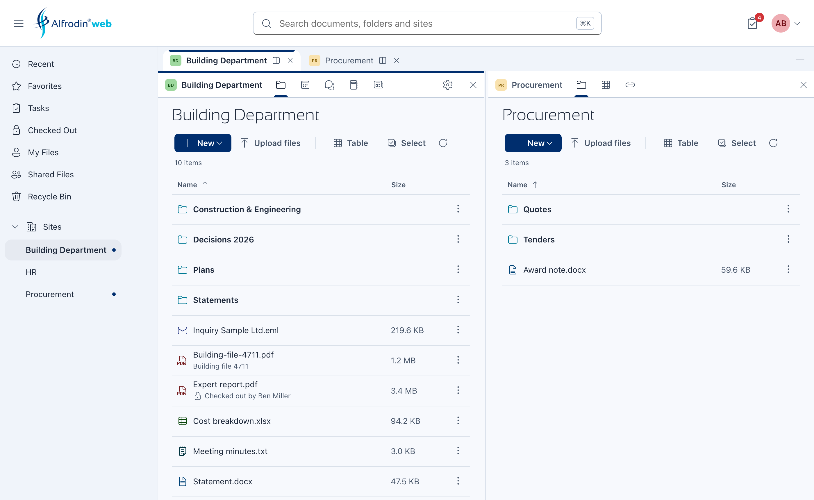 Alfrodin Web: two sites side by side in a split view